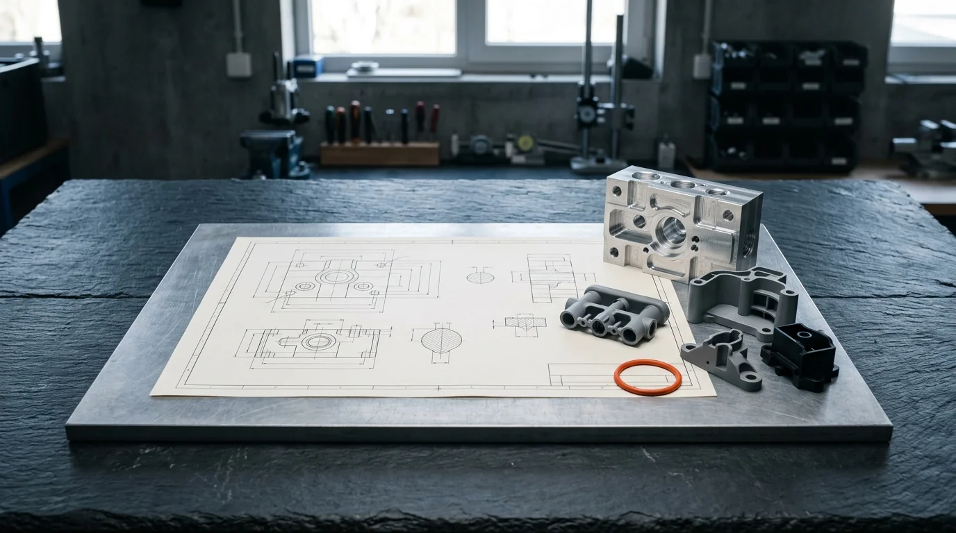 Technical engineering drawings with manufactured component samples on a workbench