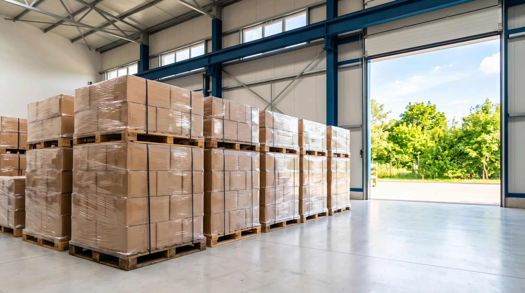 Secured export cartons stacked on pallets inside a daylight warehouse terminal