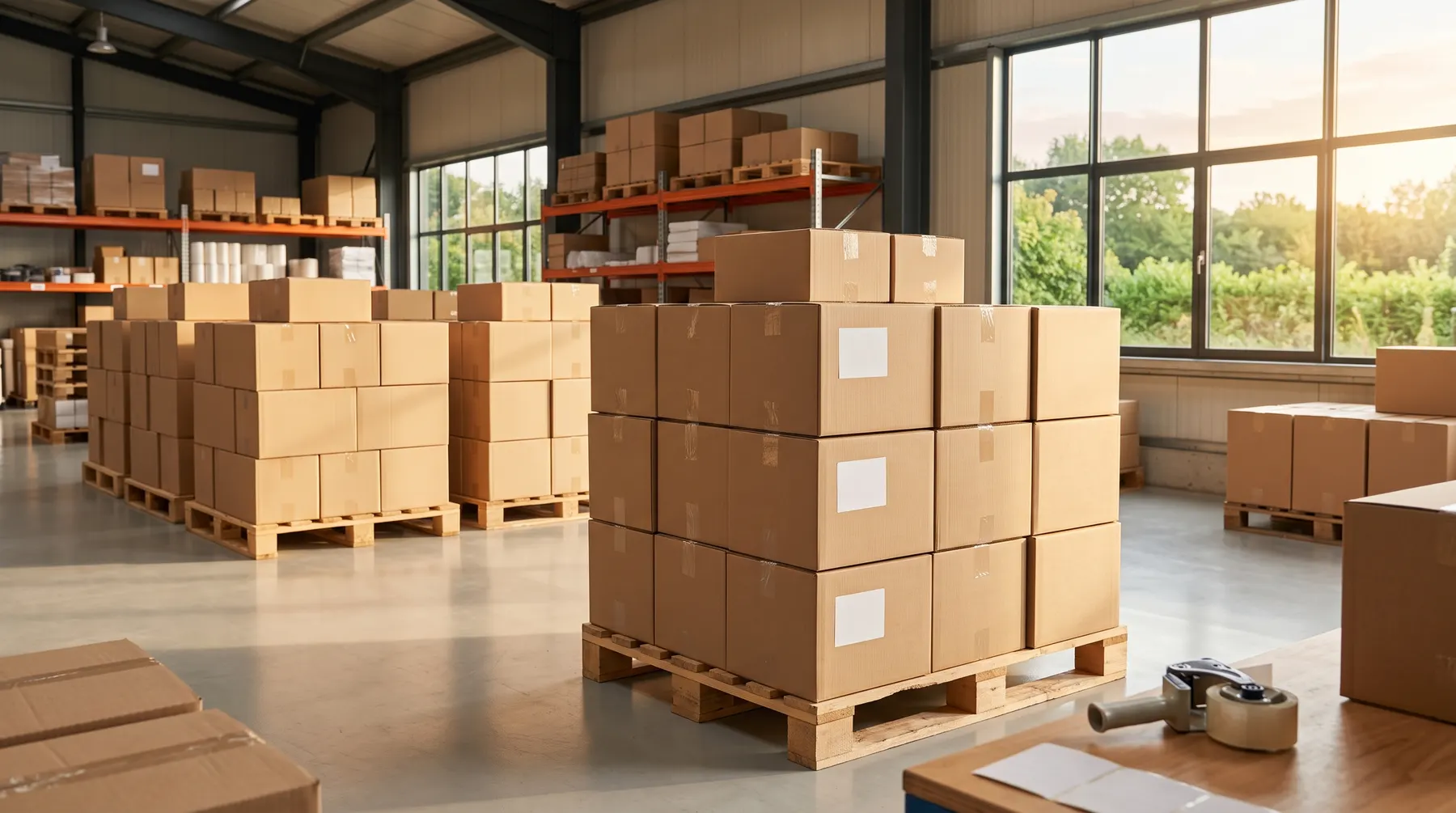 Finished production goods packed and shrink-wrapped on export pallets