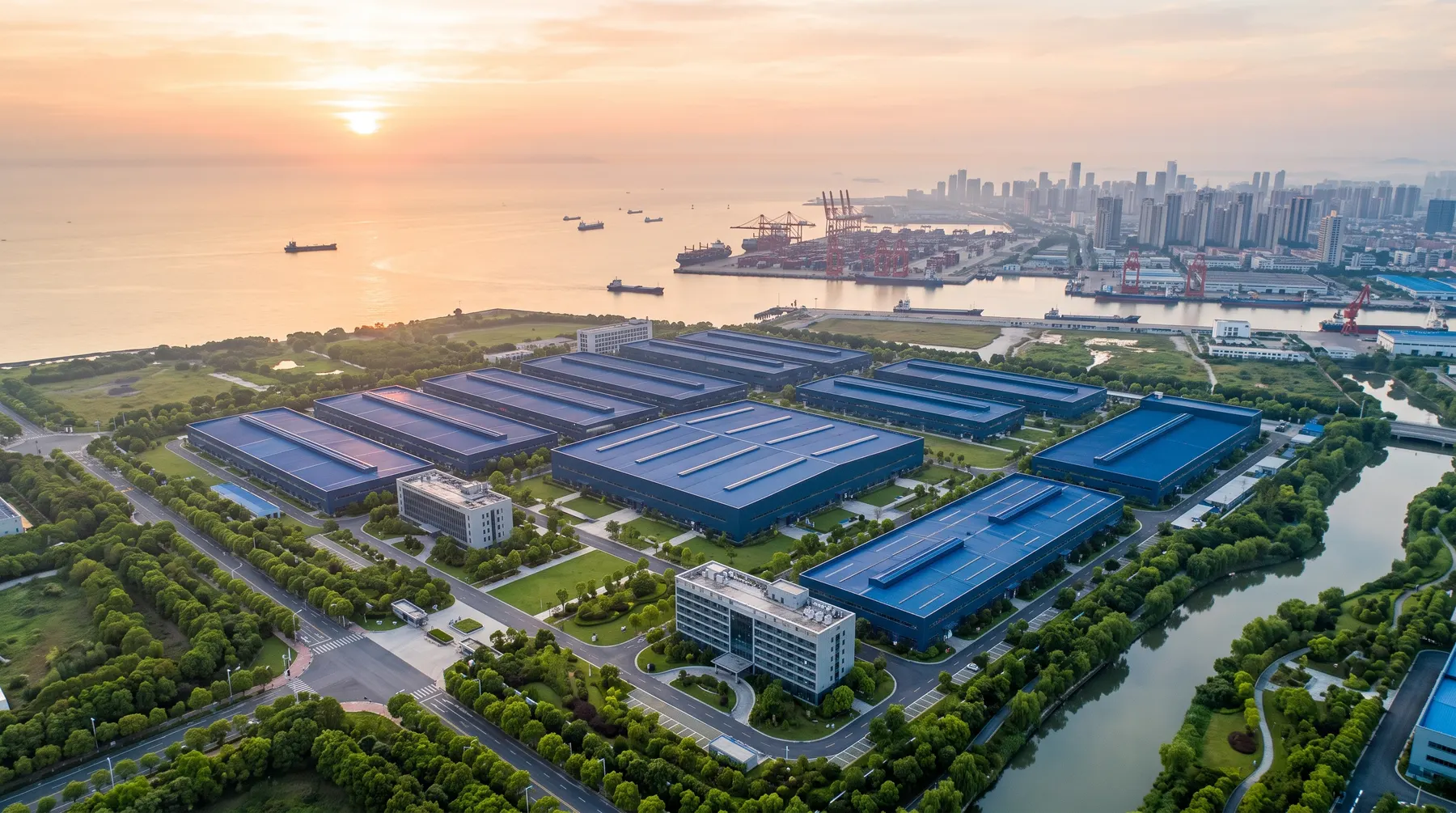 Aerial view of a manufacturing plant complex among green surroundings