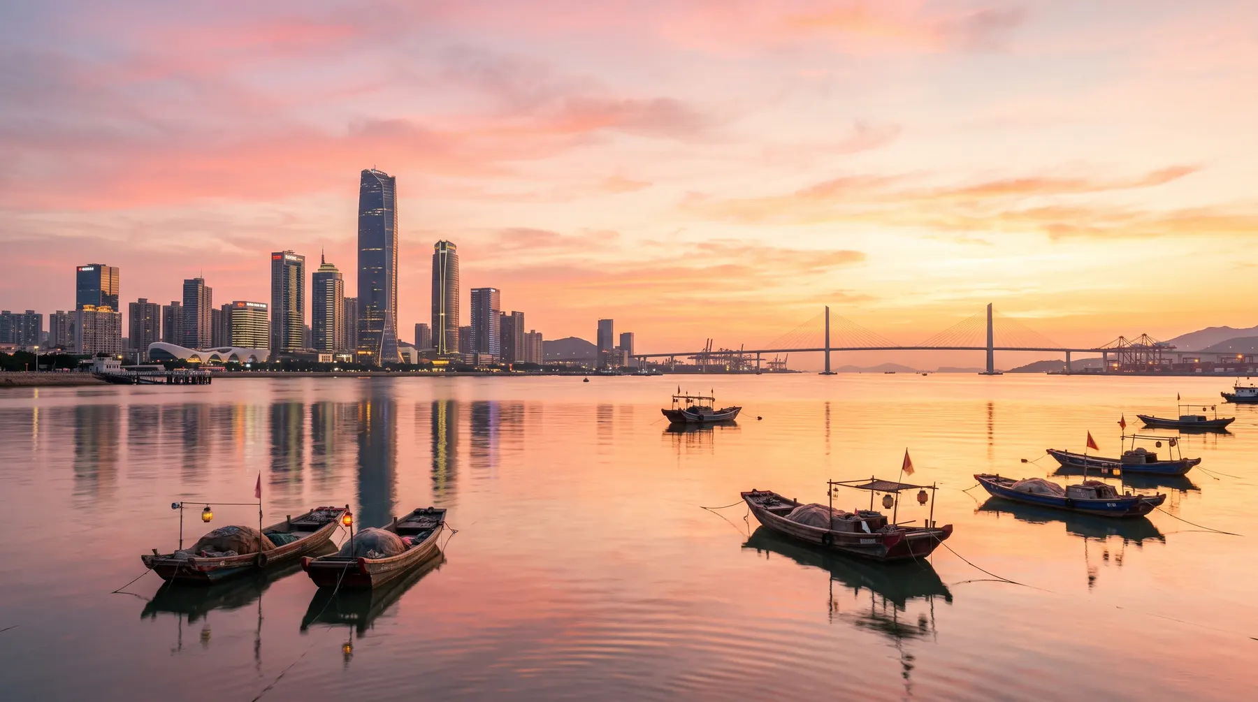 Harbor skyline across calm open water at dawn