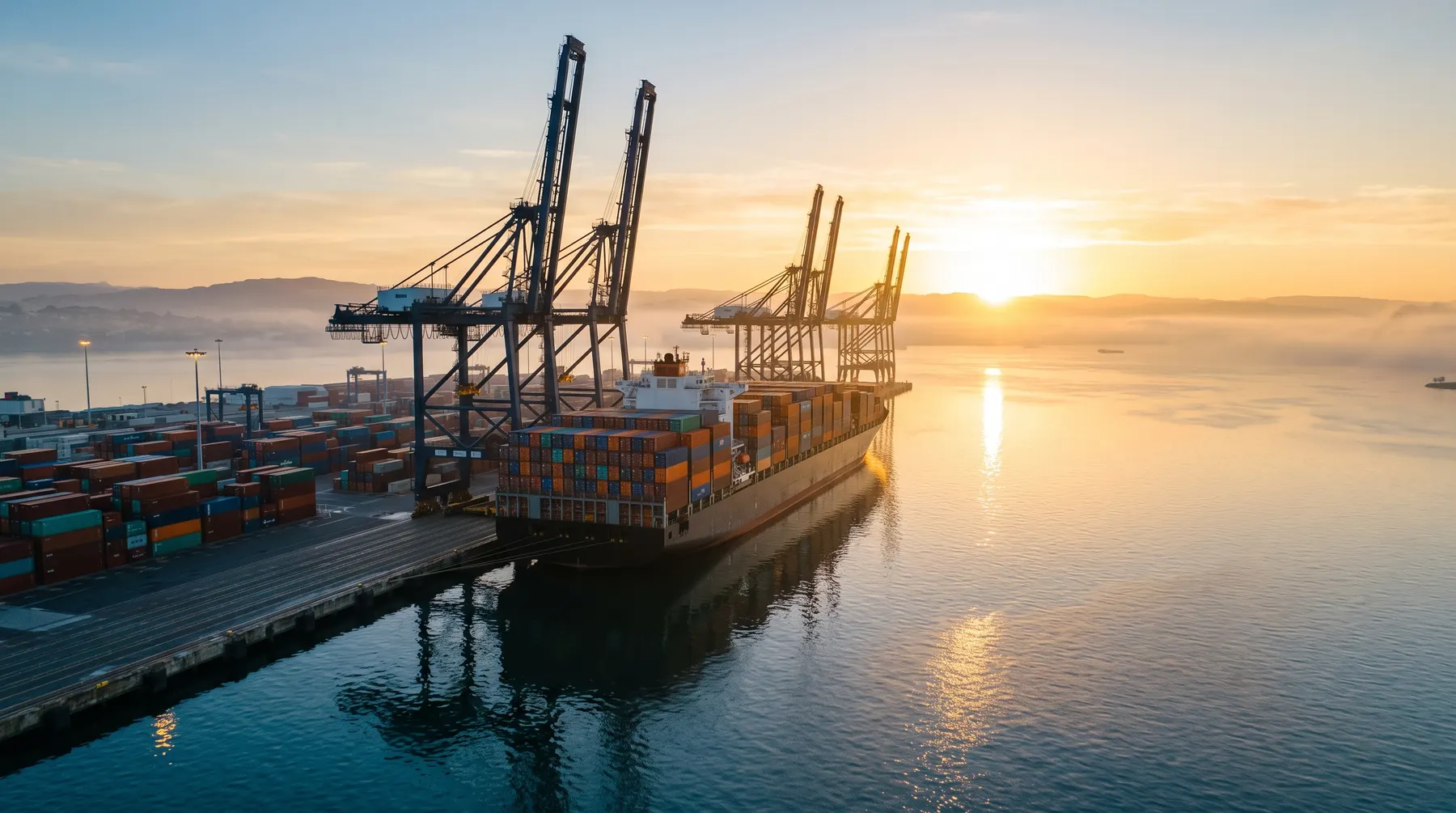Container vessel departing Ningbo port at dawn with golden horizon light