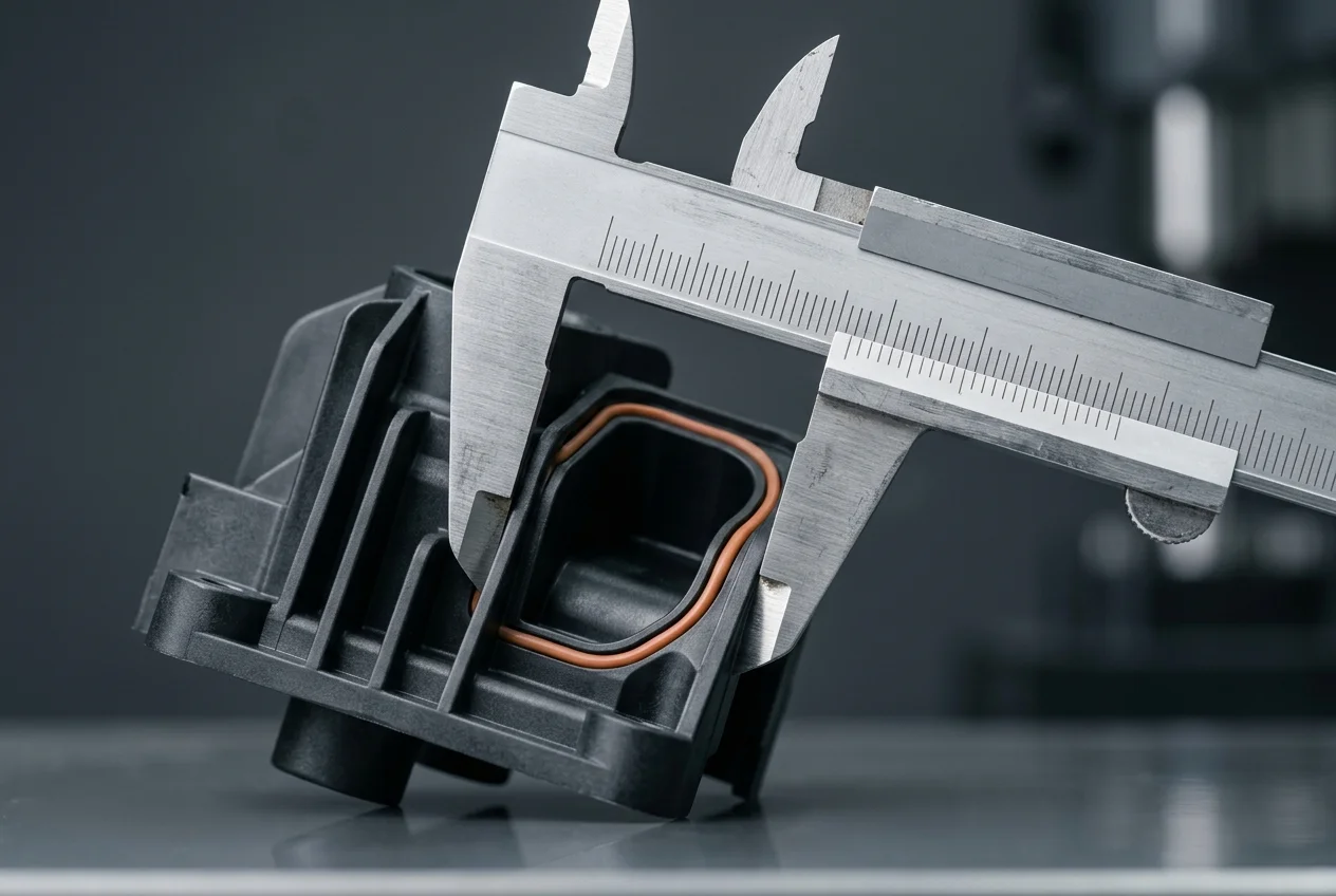 Vernier caliper measuring an unbranded technical molded part with an amber seal