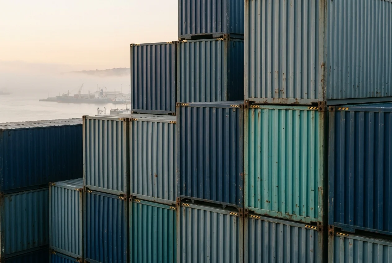Stacked steel shipping containers in deep marine and slate tones at dawn