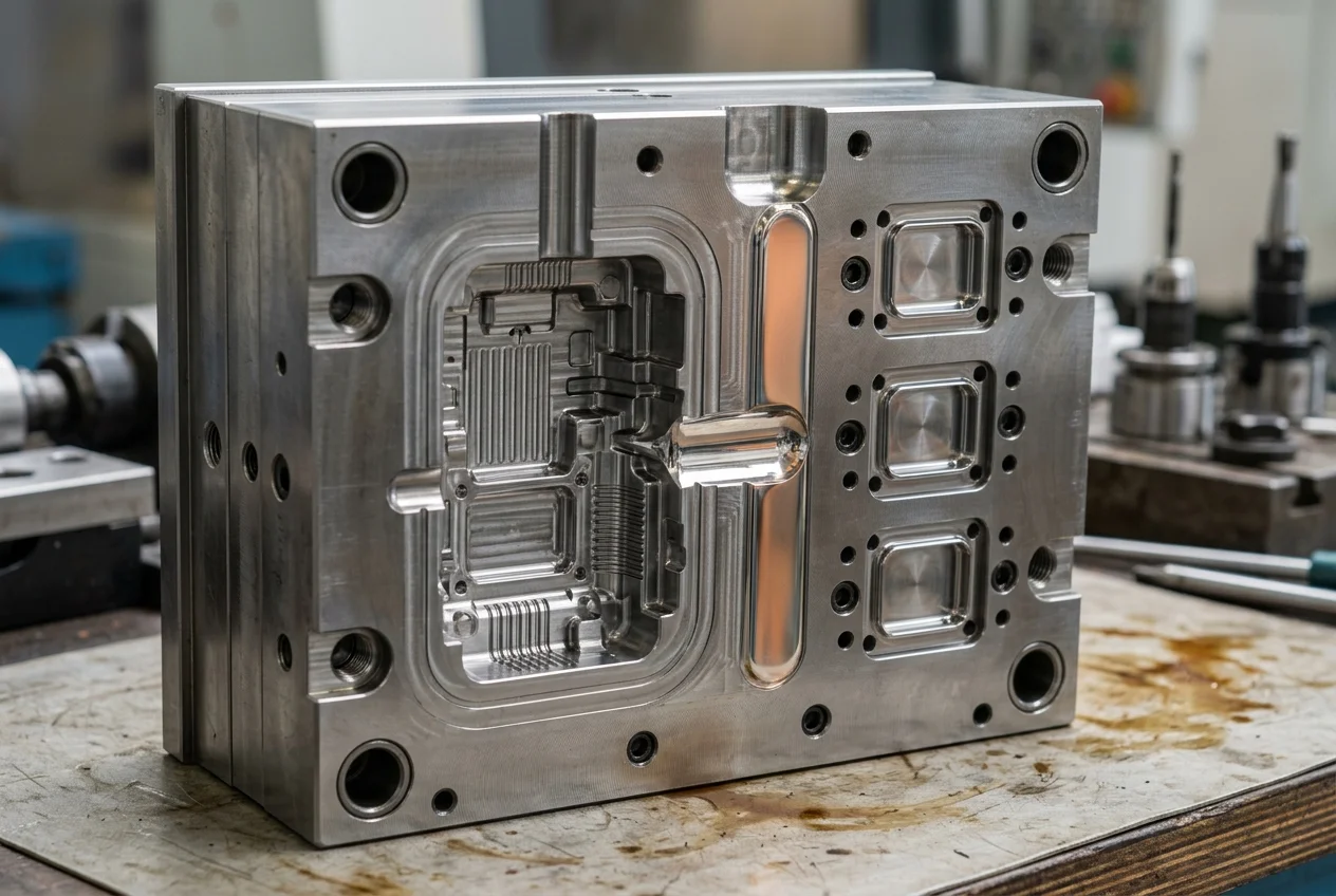 Precision machined steel injection mold cavity block on workshop bench